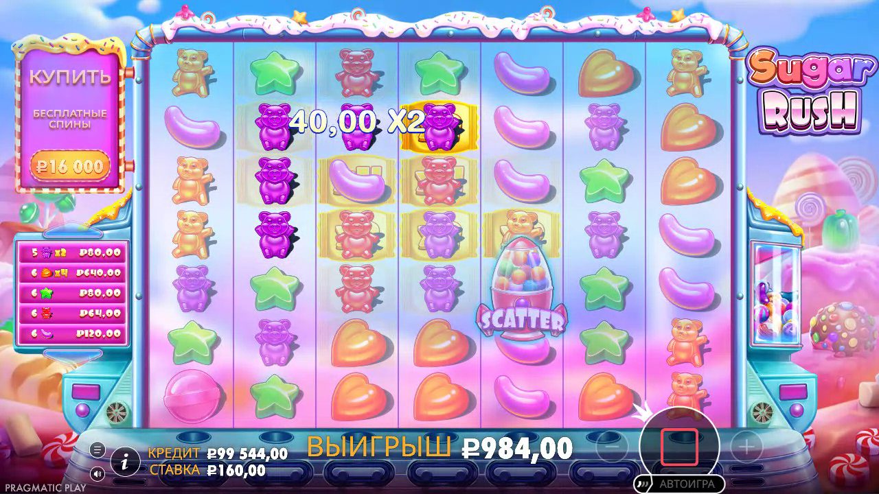 Интерфейс демо Sugar Rush после выигрышного вращения